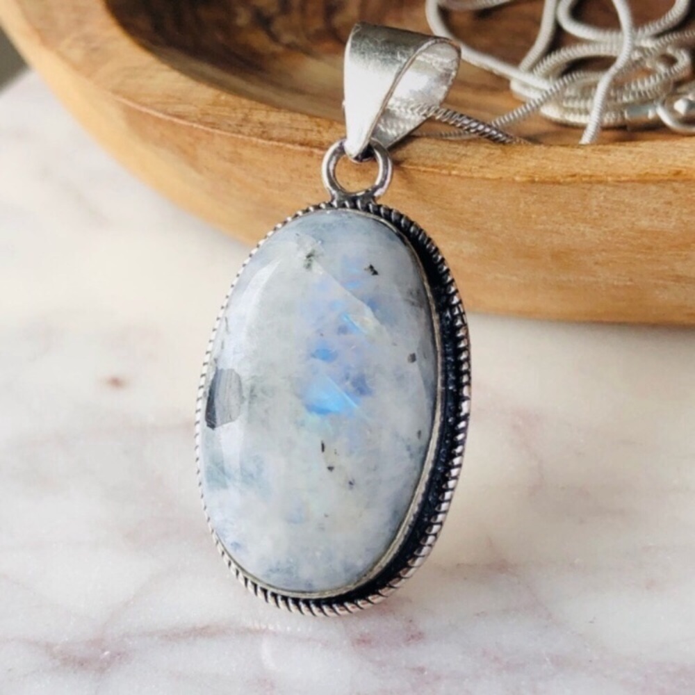 Silver Plated Moonstone Oval Shape Stone Statement Boho Necklace